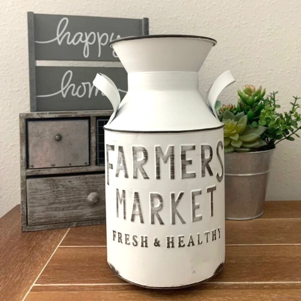 NWT Beautiful Farmers Market Metal Milk Jug vase Décor with Handles, White 10" H - Picture 11 of 15